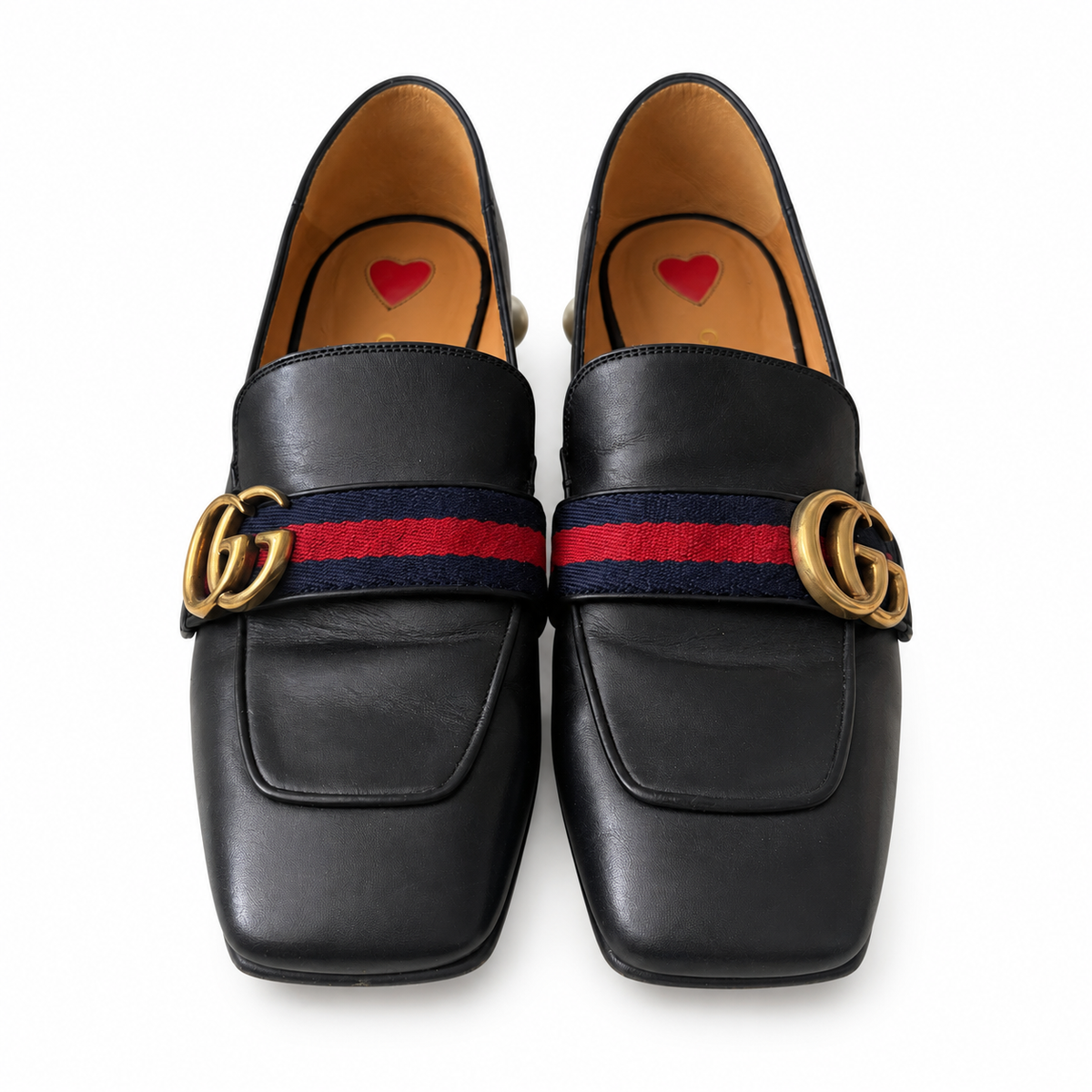 GUCCI - LOAFERS PEYTON BLACK LEATHER WITH DOUBLE G & PEARL-EMBELLISHED HEELS SIZE 36,5 EU