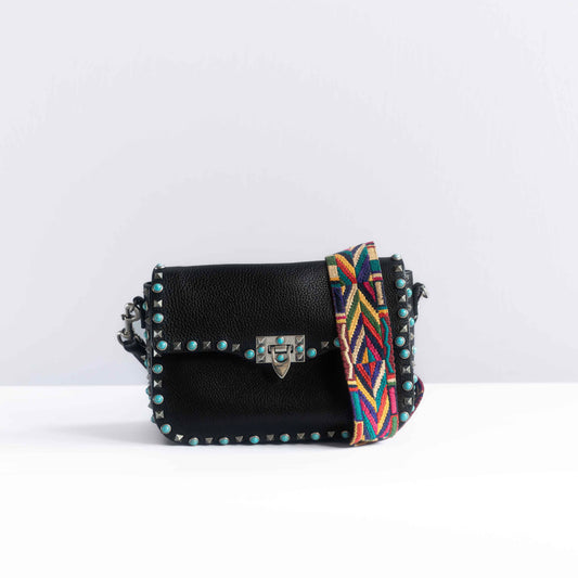VALENTINO - SHOULDER BAG ROCKSTUD BLACK LEATHER WITH MULTICOLOR STRAP