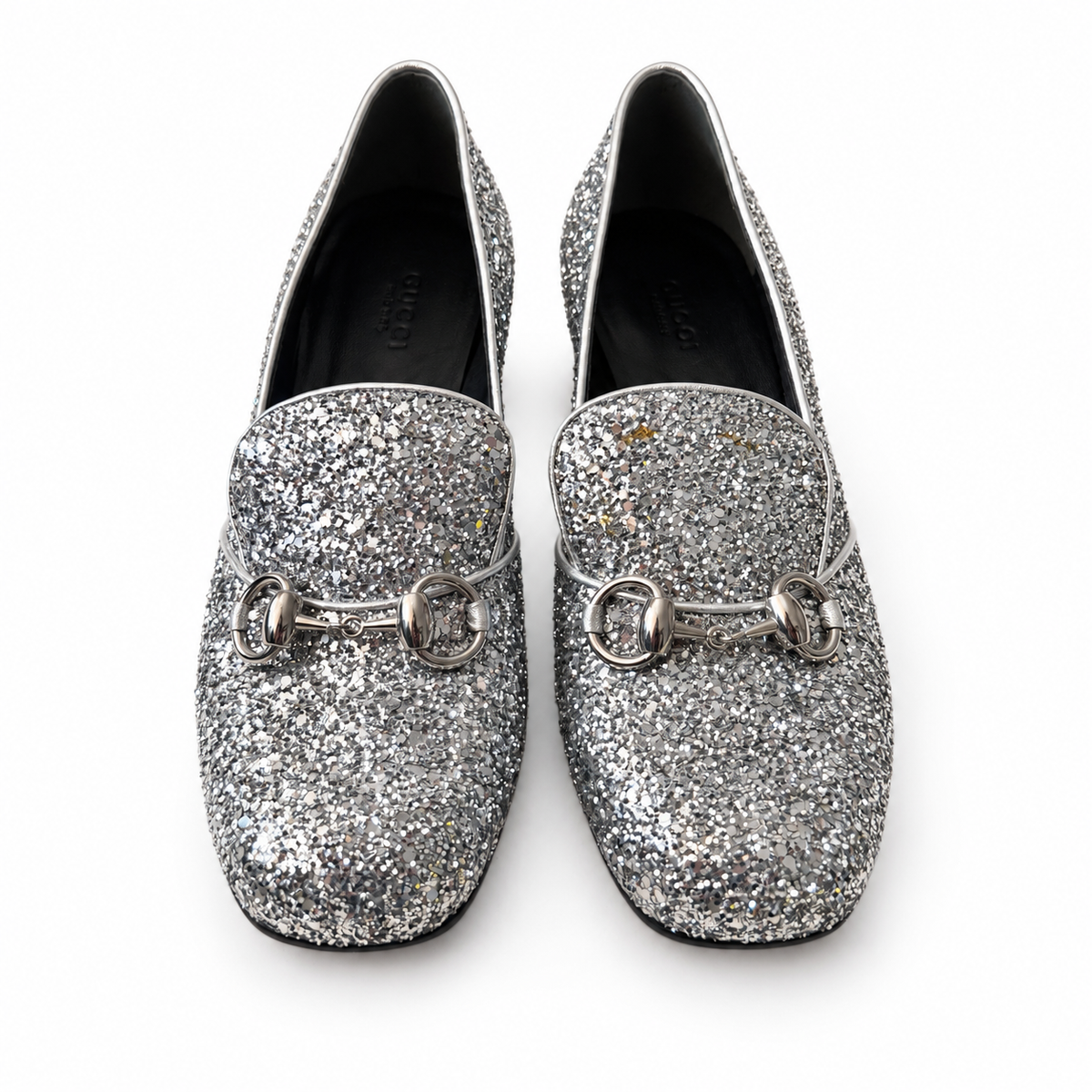GUCCI – SILVER GLITTER HORSEBIT BLOCK HEEL LOAFERS SIZE 37 EU