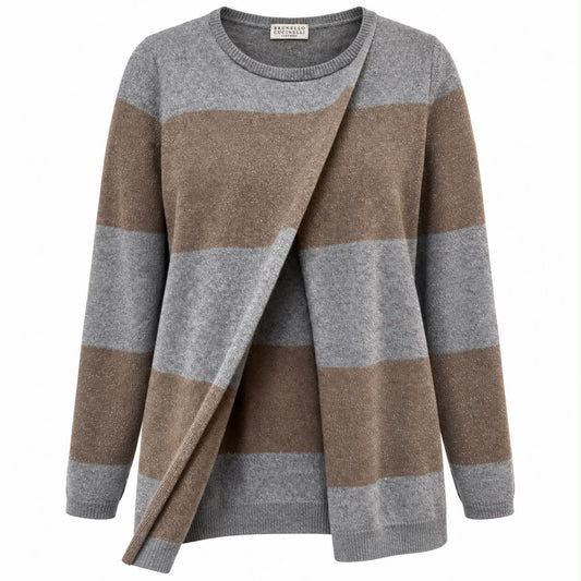 BRUNELLO CUCINELLI – CARDIGAN CASHMERE WITH METALLIC THREADS IN GREY & TAUPE SIZE M