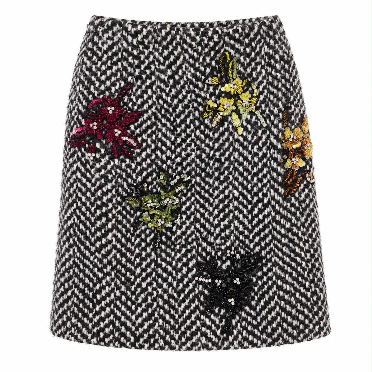 ERMANNO SCERVINO - SET JACKET & MINI SKIRT TWEED BLACK & WHITE WITH MULTICOLOR FLORAL EMBELLISHMENT SIZE 40/38 IT