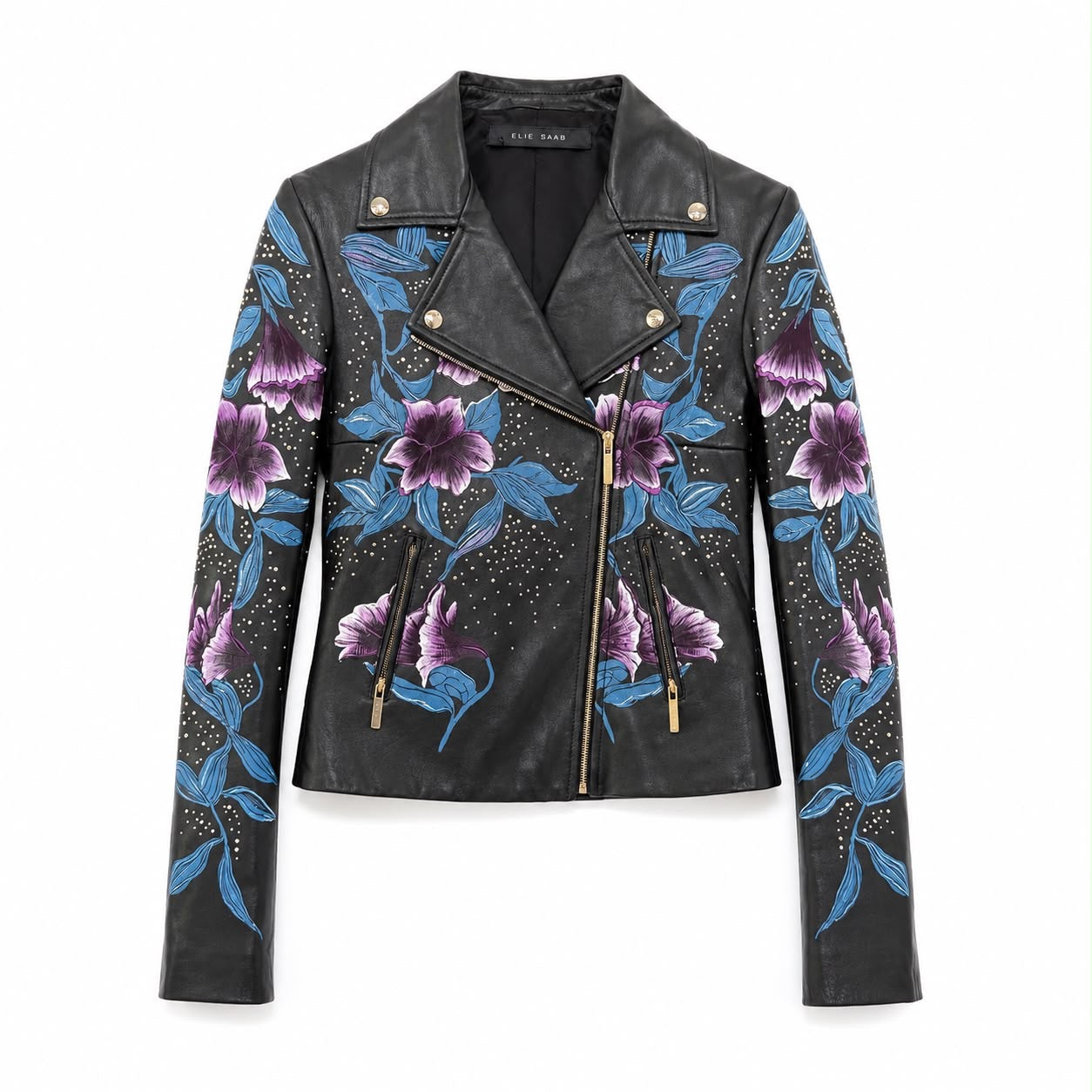 ELIE SAAB - JACKET BLACK LAMBSKIN LEATHER WITH STUDS & FLORAL EMBROIDERY SIZE 40 FR