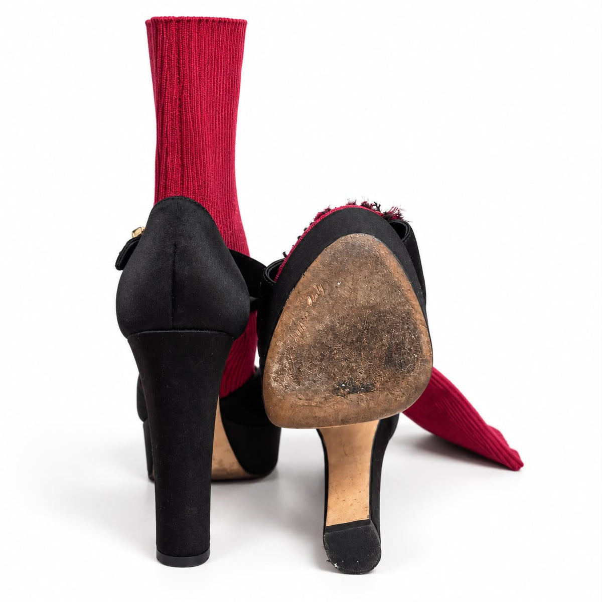 DOLCE & GABBANA – BLACK PLATFORM SANDALS WITH CHERRY EMBELLISHMENTS & RED SOCKS SIZE 37 EU