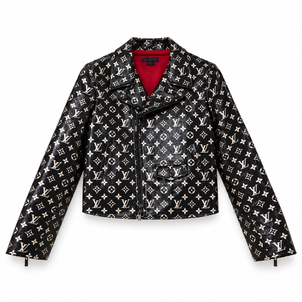 LOUIS VUITTON – BIKER JACKET BLACK MONOGRAM PRINTED LEATHER WITH RED LINING SIZE 40 FR