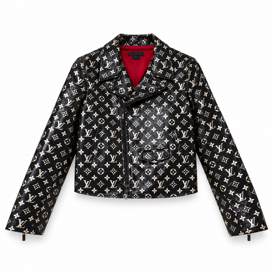 LOUIS VUITTON – BIKER JACKET BLACK MONOGRAM PRINTED LEATHER WITH RED LINING SIZE 40 FR