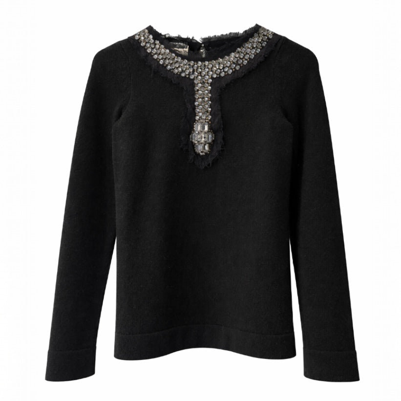 CHANEL - SWEATER BLACK CASHMERE WITH RHINESTONE DETAILS SIZE 34 FR
