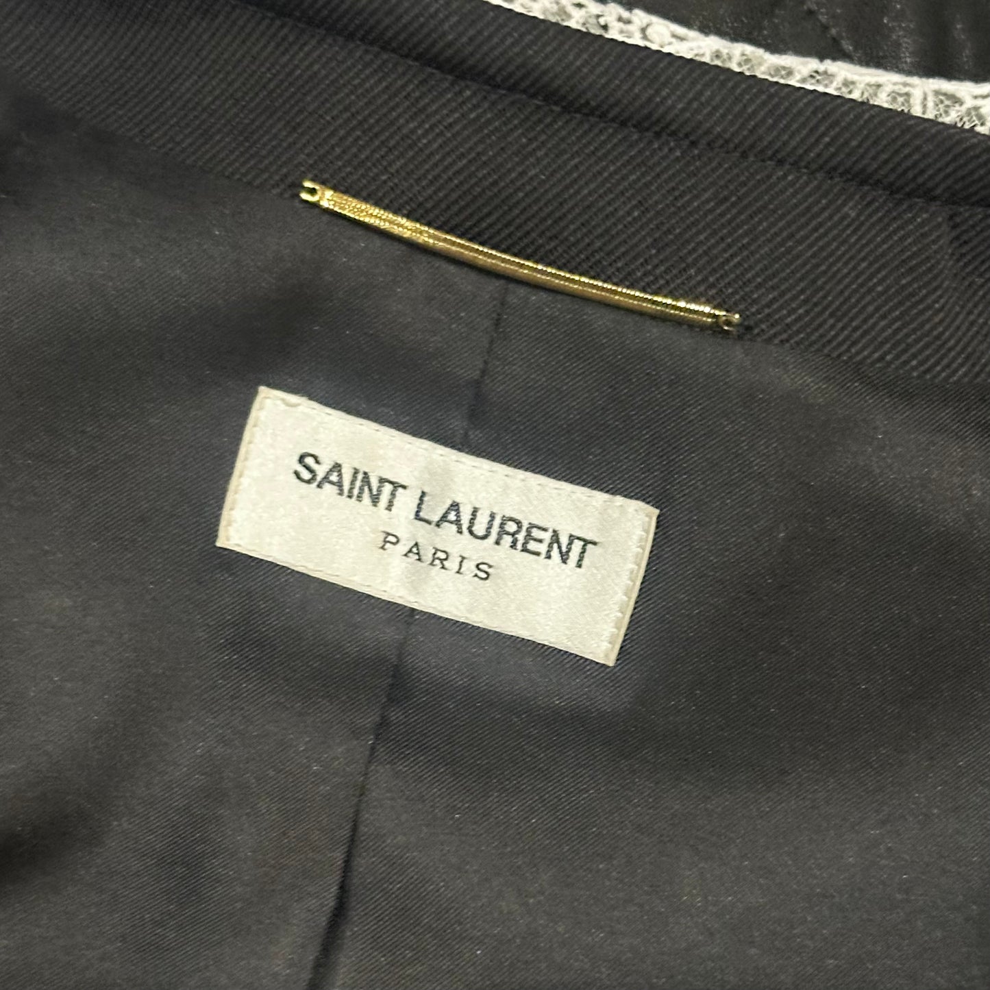 SAINT LAURENT - JACKET CROPPED DOUBLE-BREASTED WOOL BLACK WHITE LACE TRIM SIZE 38 FR