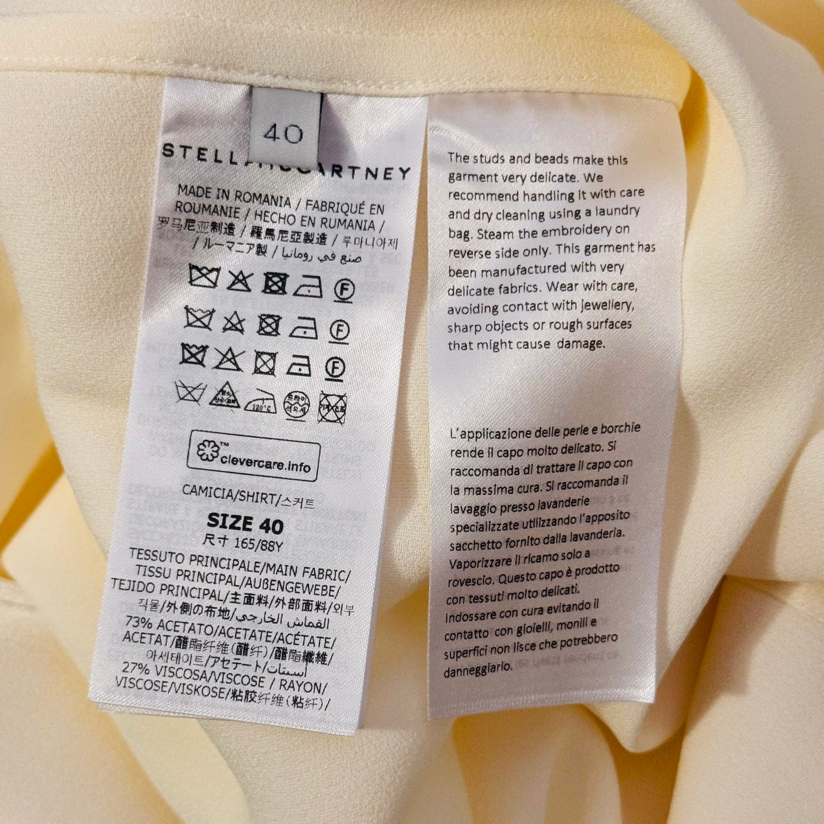 STELLA MCCARTNEY - *NEW WITH TAG* SHIRT SATIN BUTTERMILK OVERSIZED PEARL-BUTTON SIZE 40 IT