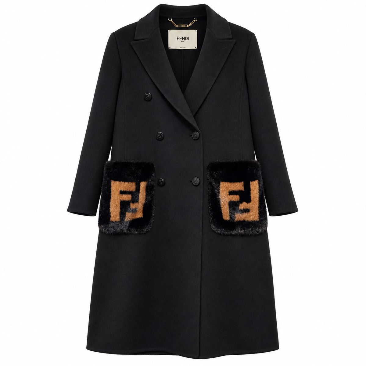 FENDI - *COLLECTION 2026* COAT WOOL MIDI BLACK WITH FF MINK FUR POCKETS SIZE 38 IT