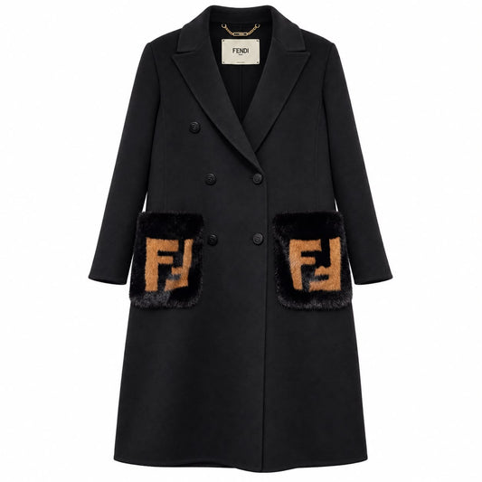 FENDI - *COLLECTION 2026* COAT WOOL MIDI BLACK WITH FF MINK FUR POCKETS SIZE 38 IT