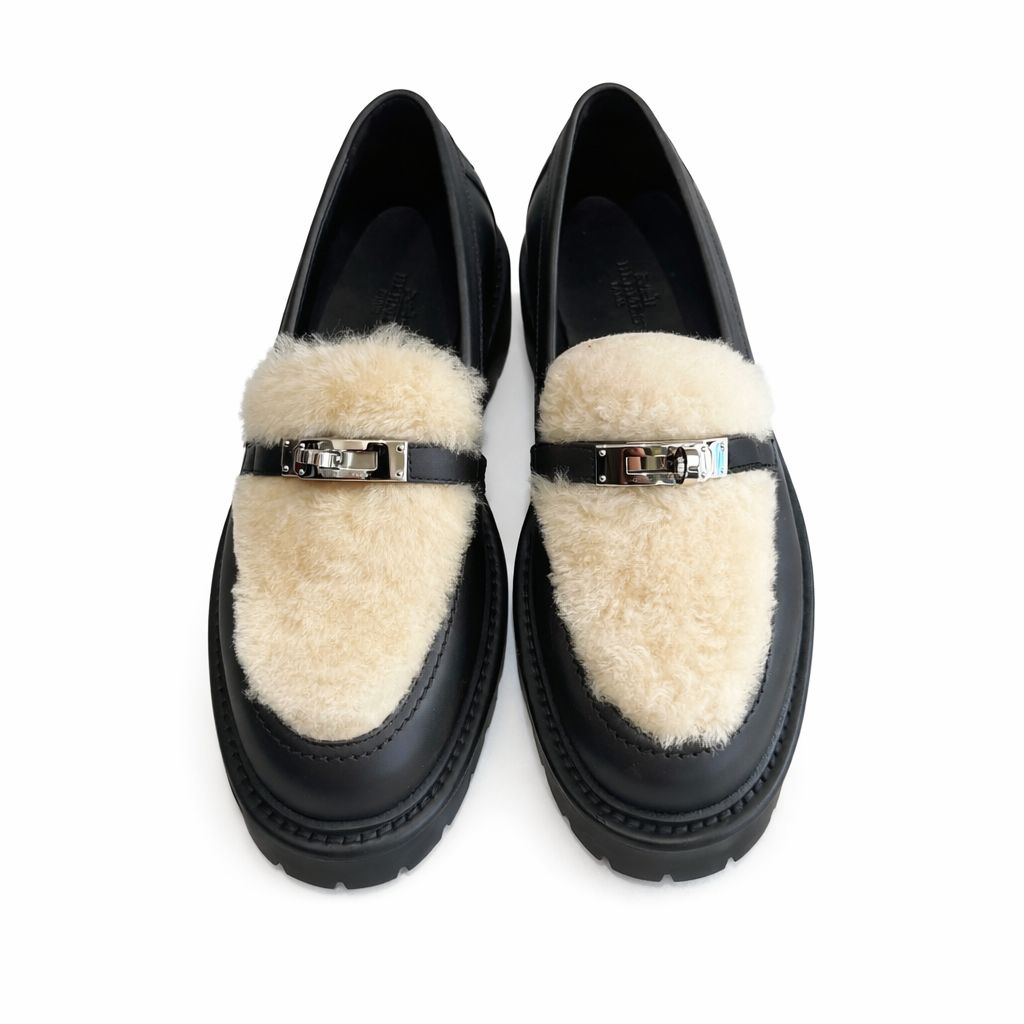 HERMÈS - *BRAND NEW* ICÔNE LOAFERS SHEARLING-LINED CALFSKIN WITH KELLY BUCKLE SIZE 38,5