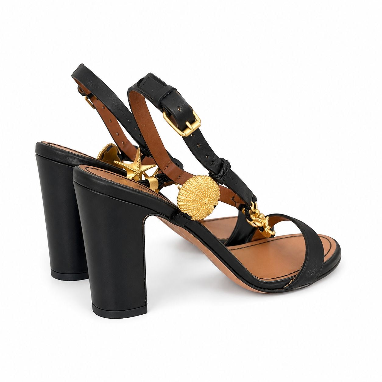 VALENTINO - SANDALS HIGH BLACK LEATHER WITH MARINE GOLD EMBELLISHMENTS SIZE 38 EU