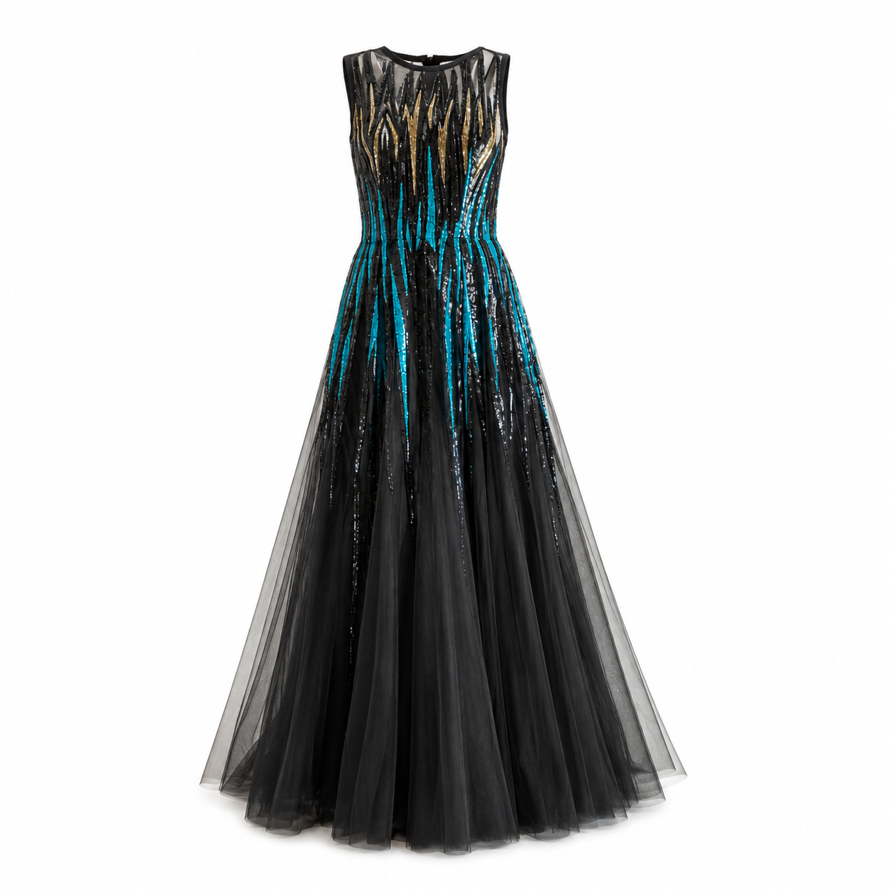 ELIE SAAB - DRESS BLACK TULLE GOWN WITH MULTICOLOR SEQUINS SIZE 38 IT