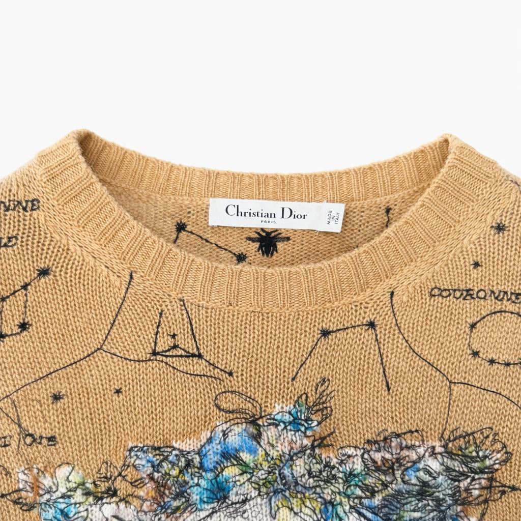 DIOR - SWEATER BROWN CASHMERE EMBROIDERED CONSTELLATIONS SIZE 36 FR