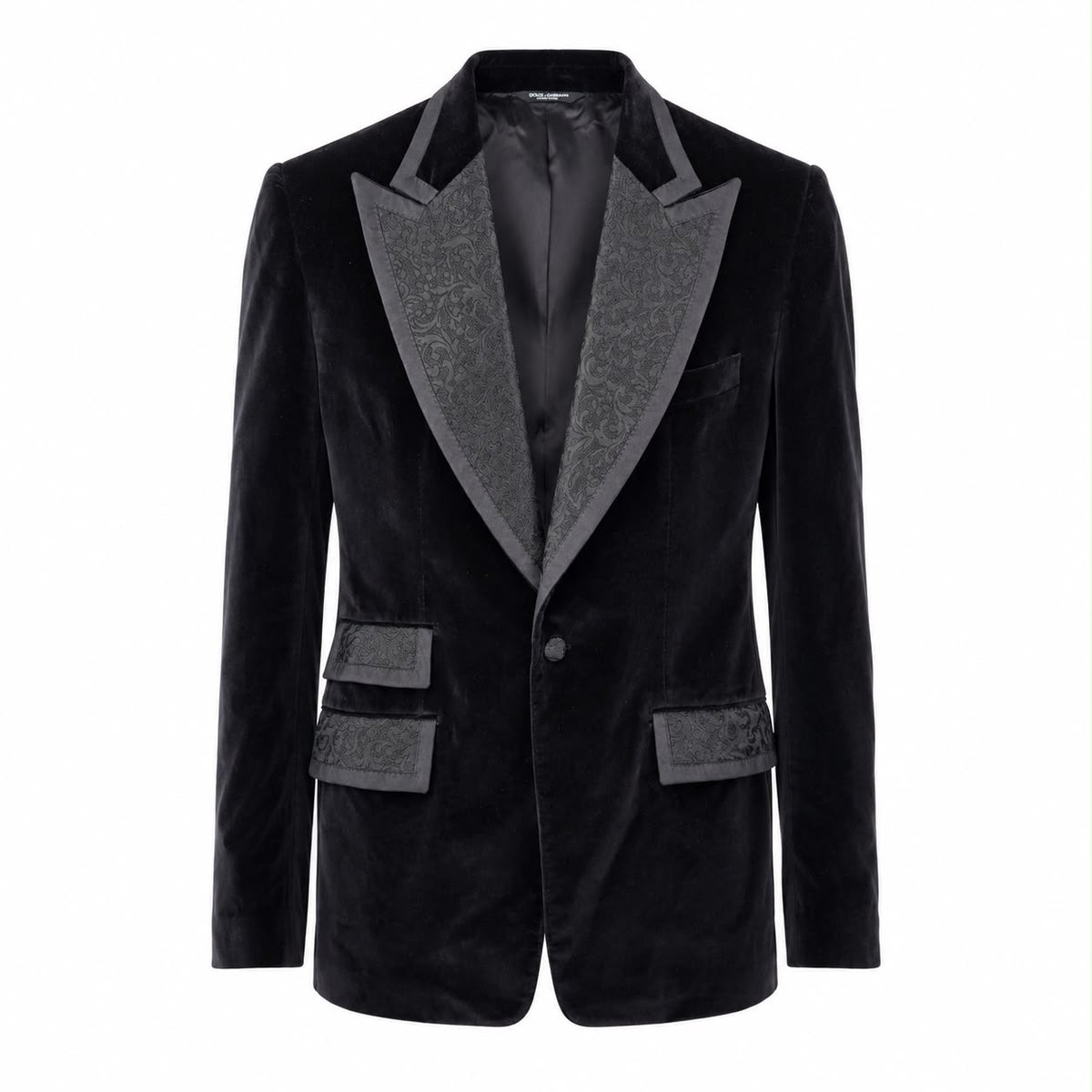 DOLCE & GABBANA – BLAZER BLACK VELVET TAILORED WITH PAISLEY JACQUARD PEAK LAPELS SIZE 50 IT