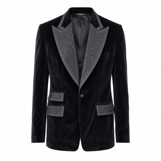 DOLCE & GABBANA – BLAZER BLACK VELVET TAILORED WITH PAISLEY JACQUARD PEAK LAPELS SIZE 50 IT