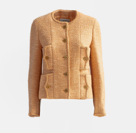 CHANEL - JACKET TWEED PEACH SINGLE-BREASTED WITH GOLD CC BUTTONS SIZE 36 FR