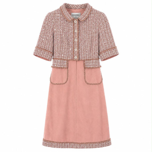 CHANEL - DRESS MIDI PINK DENIM & TWEED SIZE 38 FR