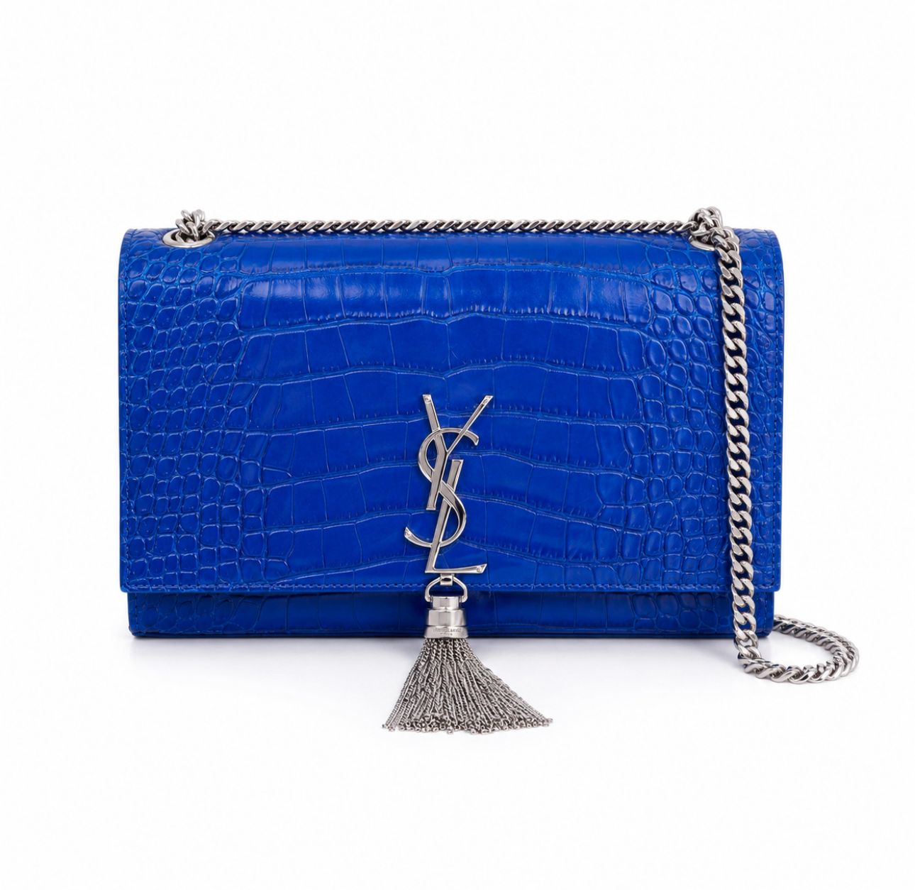 SAINT LAURENT - BAG KATE BLUE MAJORELLE CROCODILE EMBOSSED SILVER HARDWARE
