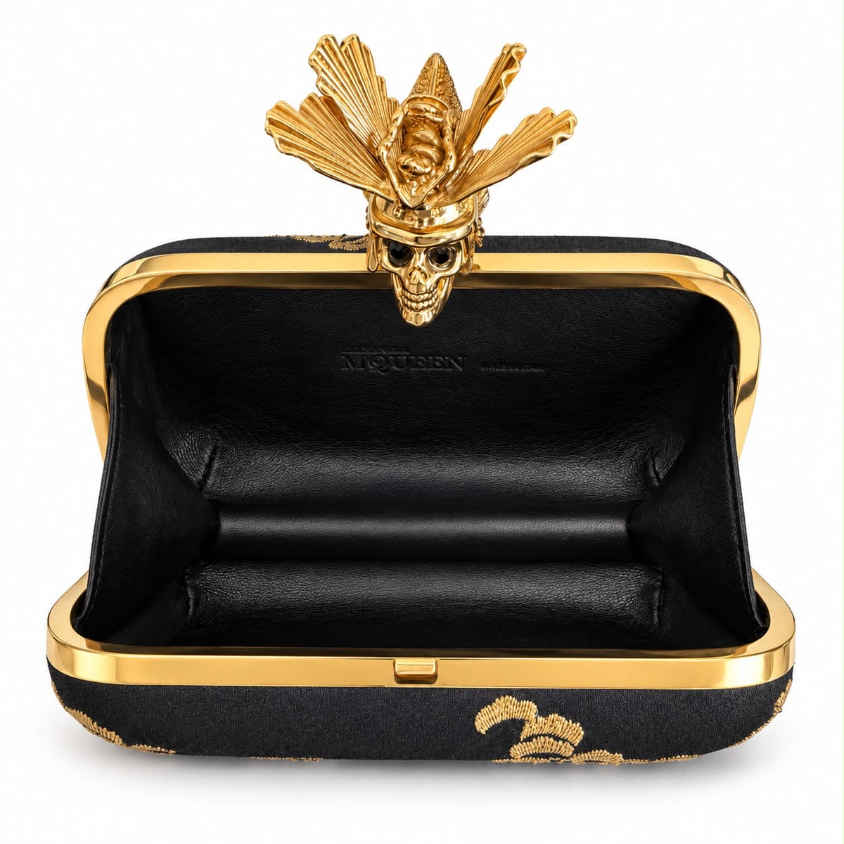 ALEXANDER MCQUEEN – CLUTCH BLACK SATIN EMBROIDERED WITH GOLD-TONE SAMURAI SKULL CLOSURE