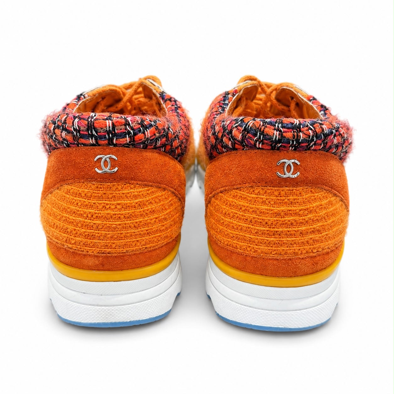 CHANEL - SNEAKERS TWEED SUEDE & METALLIC LEATHER ORANGE GOLD SIZE 39 EU