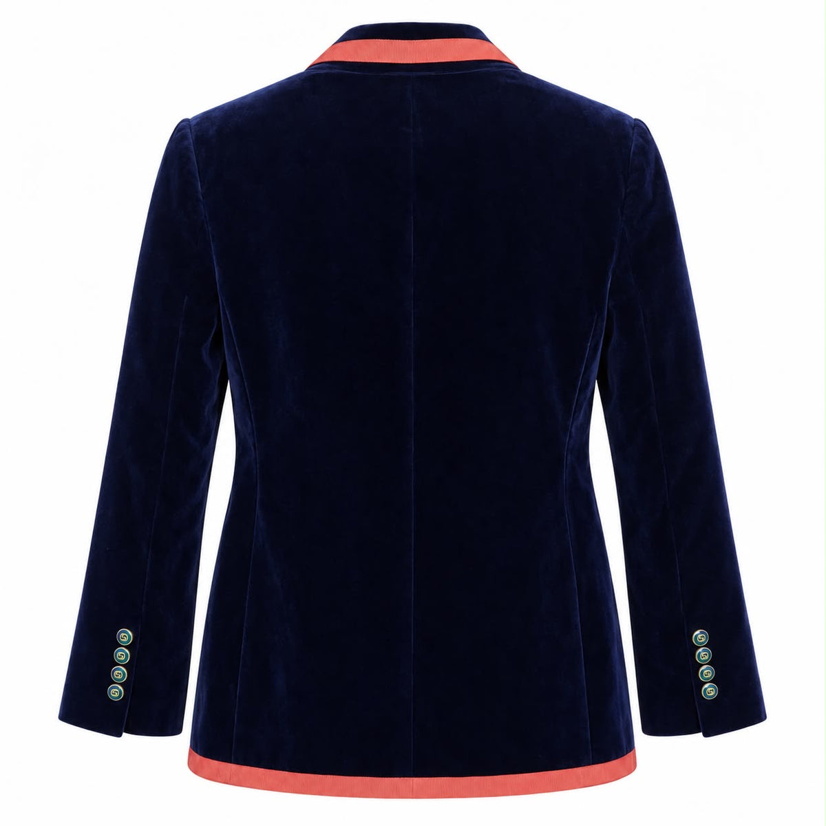 GUCCI - BLAZER NAVY BLUE VELVET WITH CORAL PINK TRIM & GG GREEN BUTTONS SIZE 40 IT