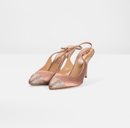 SERGIO ROSSI - HEELS SATIN PINK WITH GOLD TIP SIZE 39 EU
