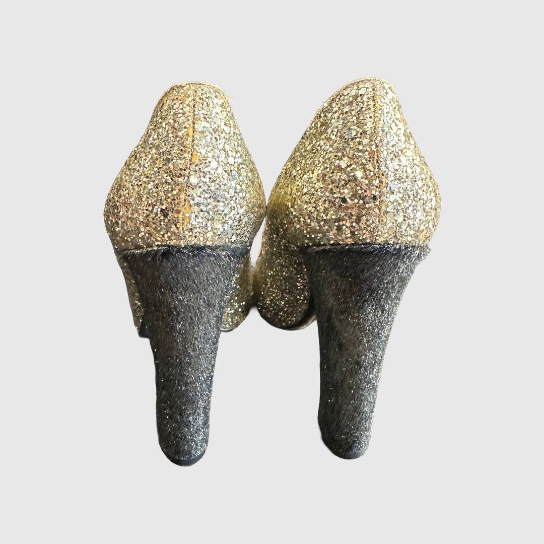 MIU MIU - PUMPS GOLD GLITTER & BLACK FOAL CALFSKIN SIZE 39,5 EU