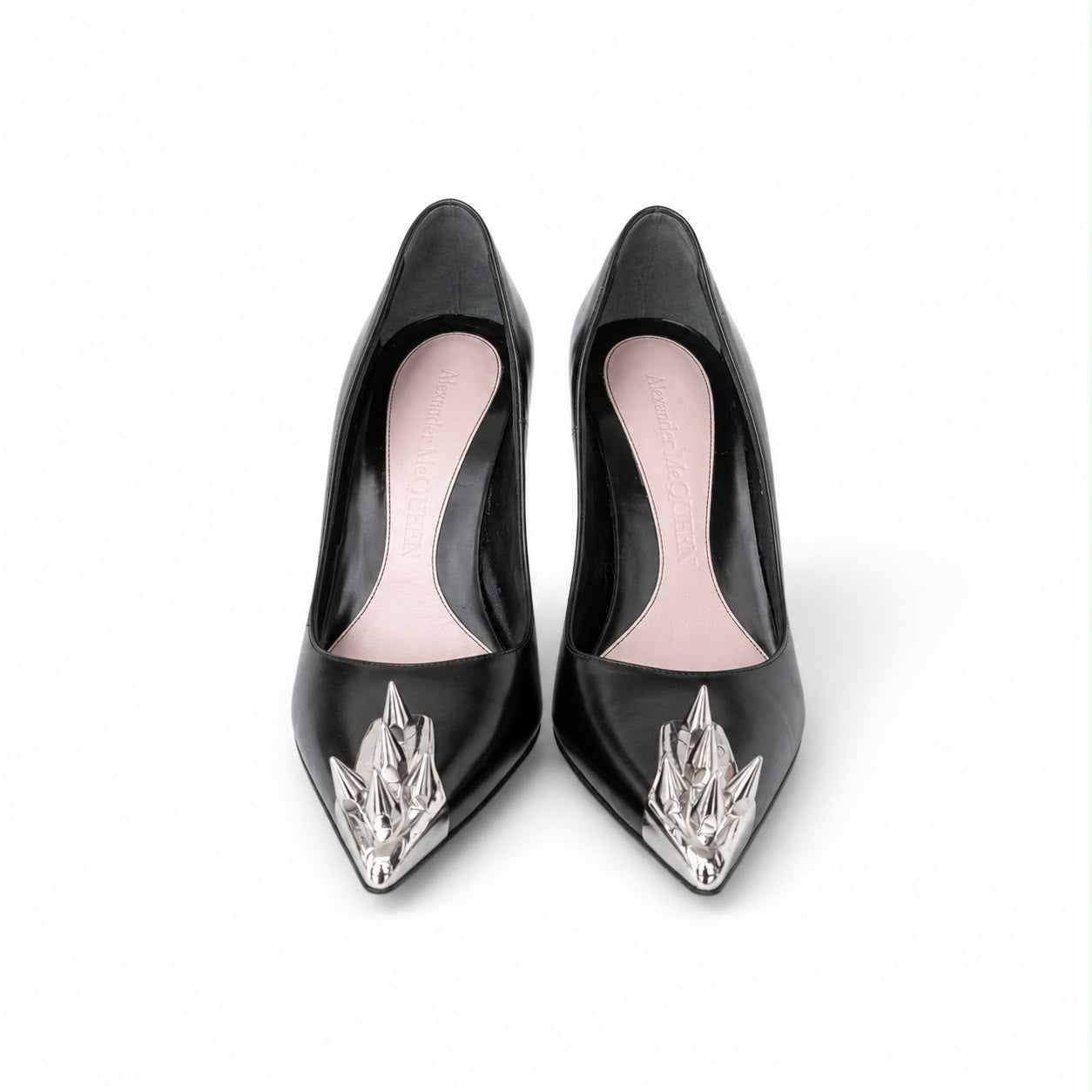 ALEXANDER MCQUEEN - PUMPS BLACK LEATHER WITH SILVER SPIKE TOE SIZE 38 EU