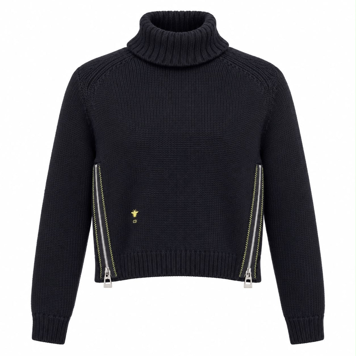 DIOR - SWEATER TURTLENECK BLACK RIBBED WITH ZIP AND YELLOW STITCHING SIZE 36 FR