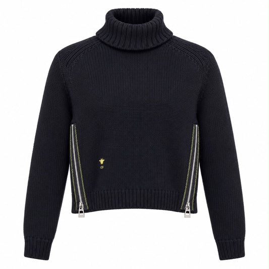 DIOR - SWEATER TURTLENECK BLACK RIBBED WITH ZIP AND YELLOW STITCHING SIZE 36 FR