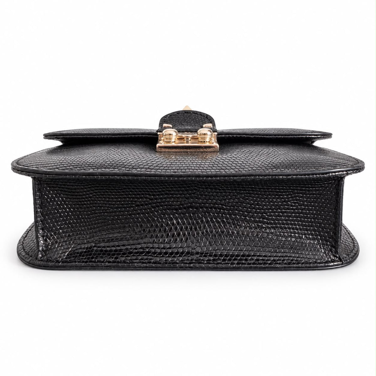 VALENTINO – ROCKSTUD GLAM LOCK BLACK LIZARD-EMBOSSED LEATHER SHOULDER BAG