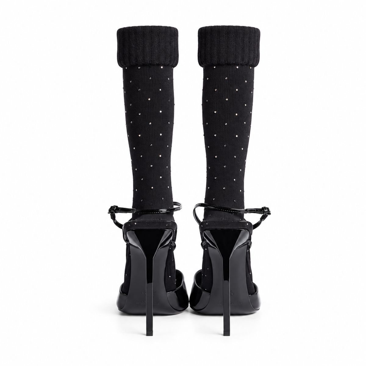 SAINT LAURENT - *NEW* PUMPS BLACK PATENT LEATHER POINTED-TOE WITH RHINESTONE-EMBELLISHED KNEE-HIGH SOCKS SIZE 39 EU