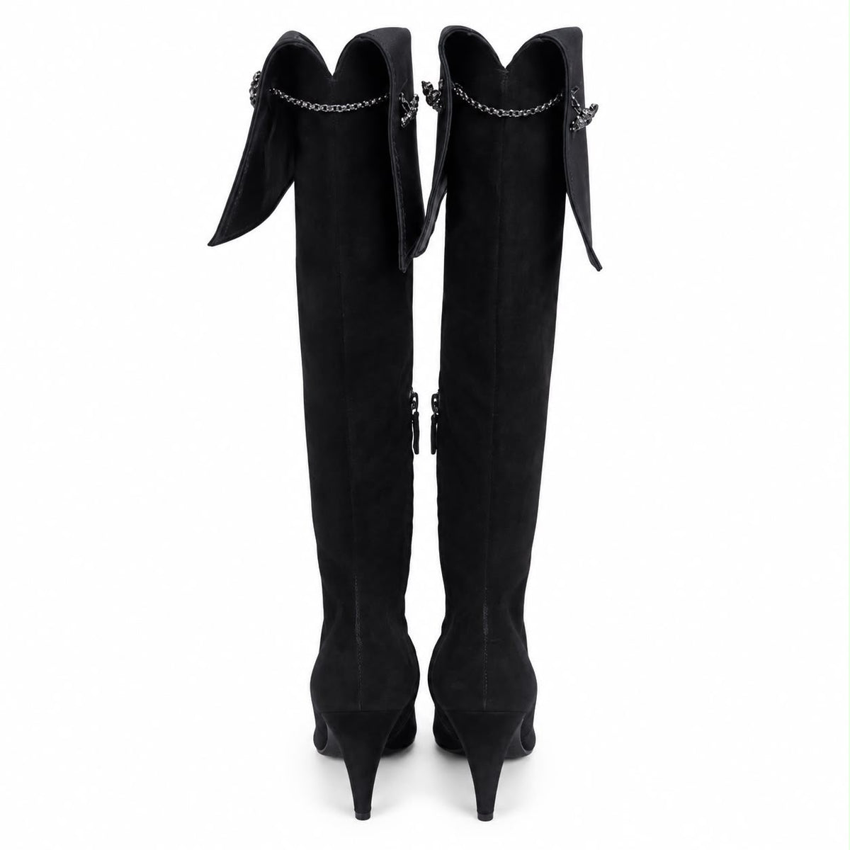 CASADEI - HIGH BOOTS SUEDE WITH SATIN CUFFS BLACK & JEWEL BUTTON DETAIL 37,5 EU