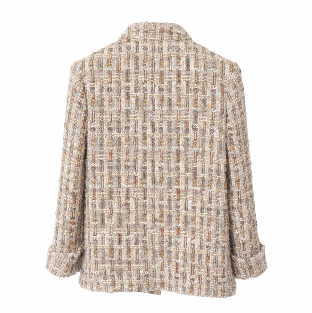 CHANEL - JACKET TWEED BEIGE & LIGHT BROWN WITH PEARL-EMBELLISHED BUTTONS SIZE 40 FR