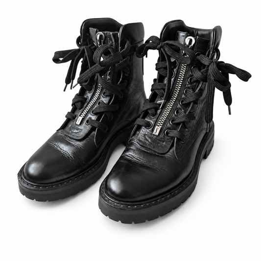 SAINT LAURENT – ANKLE BOOTS BLACK LEATHER LACE-UP COMBAT SIZE 36 EU