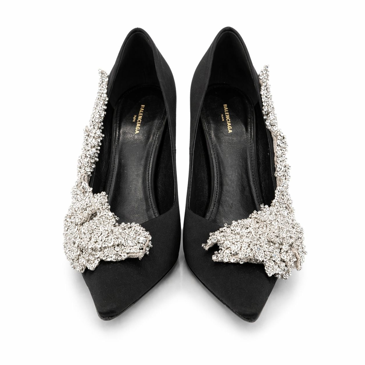 BALENCIAGA - PUMPS SLASH SATIN BLACK WITH SEQUIN FLORAL EMBROIDERY SIZE 39 EU