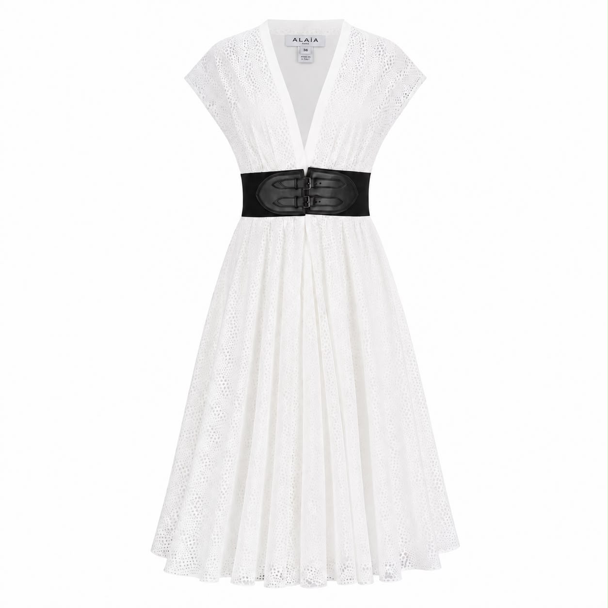 ALAÏA - DRESS MIDI CIRCLE EYELET WHITE WITH BLACK BELT SIZE 36 FR