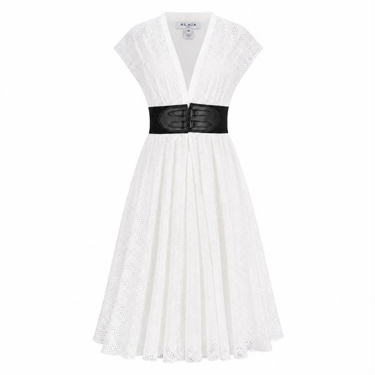 ALAÏA - DRESS MIDI CIRCLE EYELET WHITE WITH BLACK BELT SIZE 36 FR