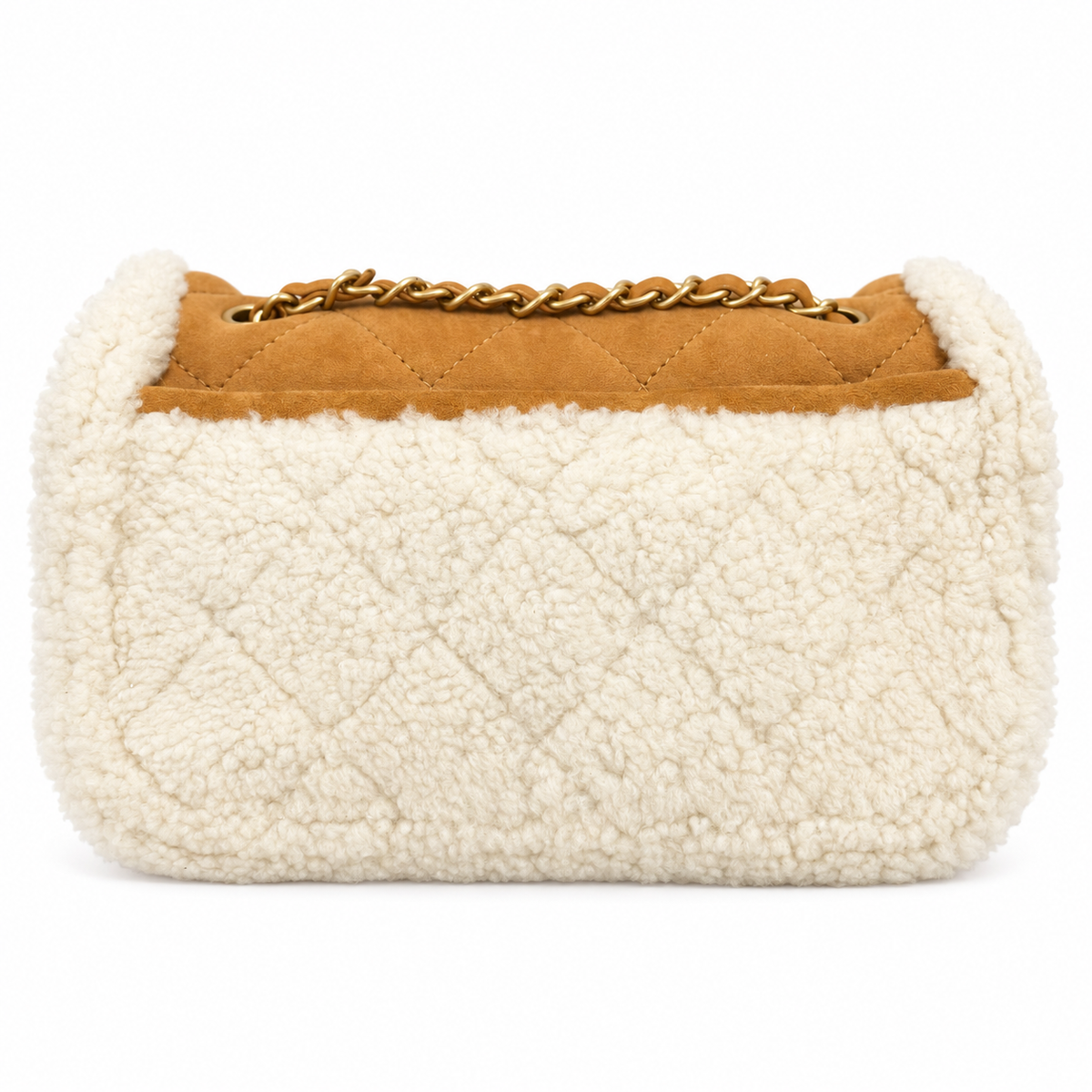 CHANEL –  BAG TIMELESS QUILTED CAMEL SUEDE & IVORY SHEARLING FLAP WITH GOLD-TONE HARDWARE