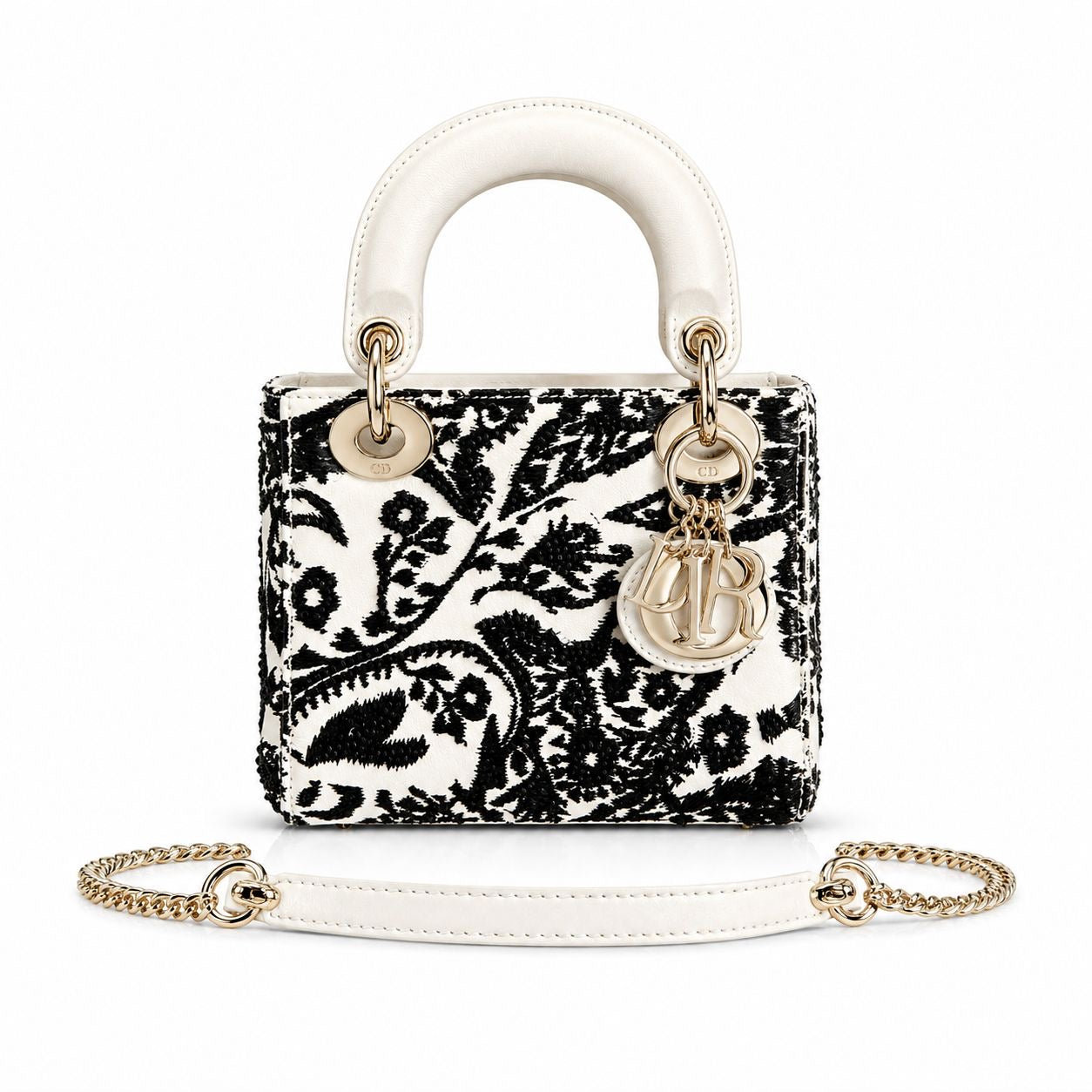 DIOR - *NEW LIMITED EDITION* BAG MINI LADY DIOR ECRU LEATHER WITH BLACK EMBROIDERY