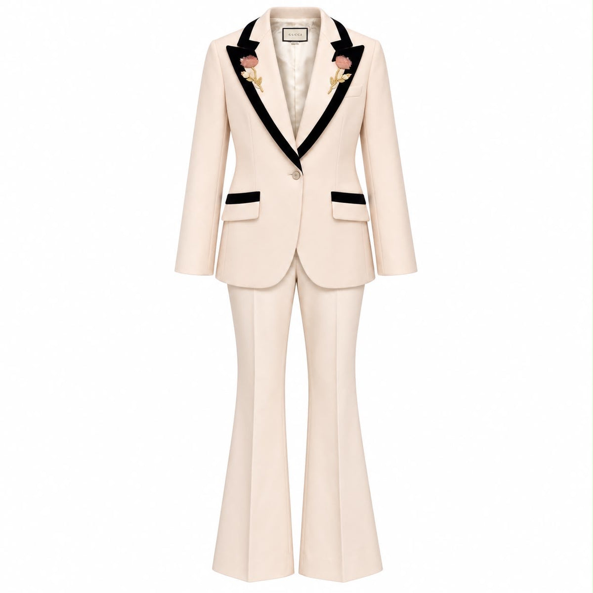 GUCCI – IVORY WOOL TROUSER SUIT WITH BLACK VELVET TRIM AND FLORAL APPLIQUÉS SIZE 42 IT