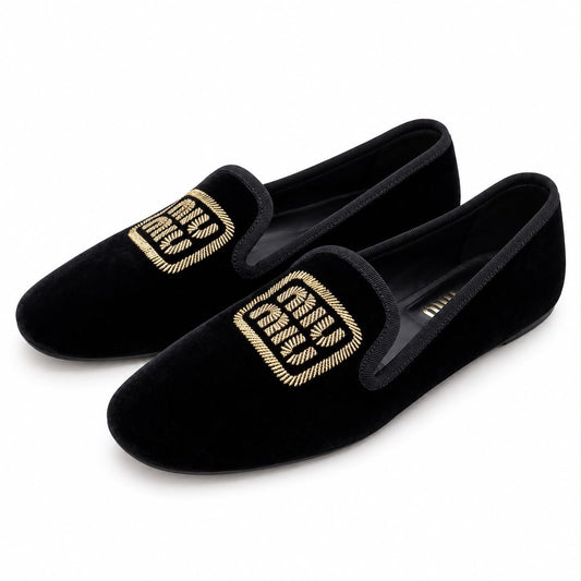MIU MIU – BLACK VELVET LOAFERS WITH GOLD EMBROIDERED LOGO SIZE 39.5 EU