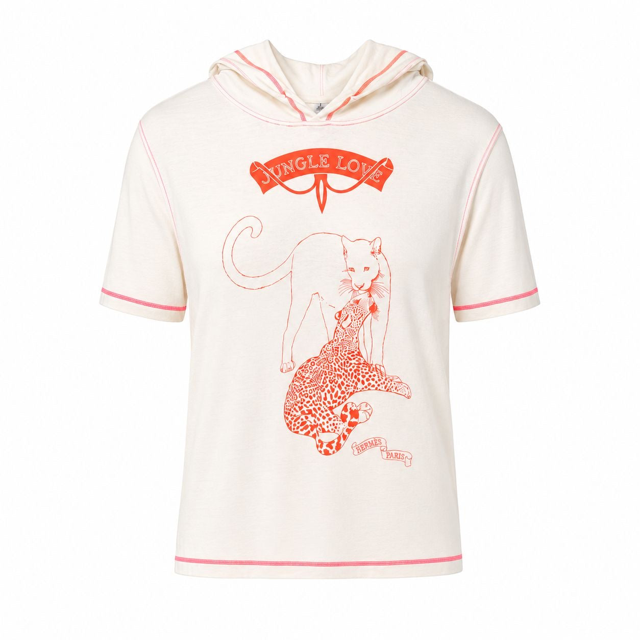 HERMÈS - T-SHIRT HOODED JUNGLE LOVE WITH FLUORESCENT ORANGE PRINT SIZE 34 FR