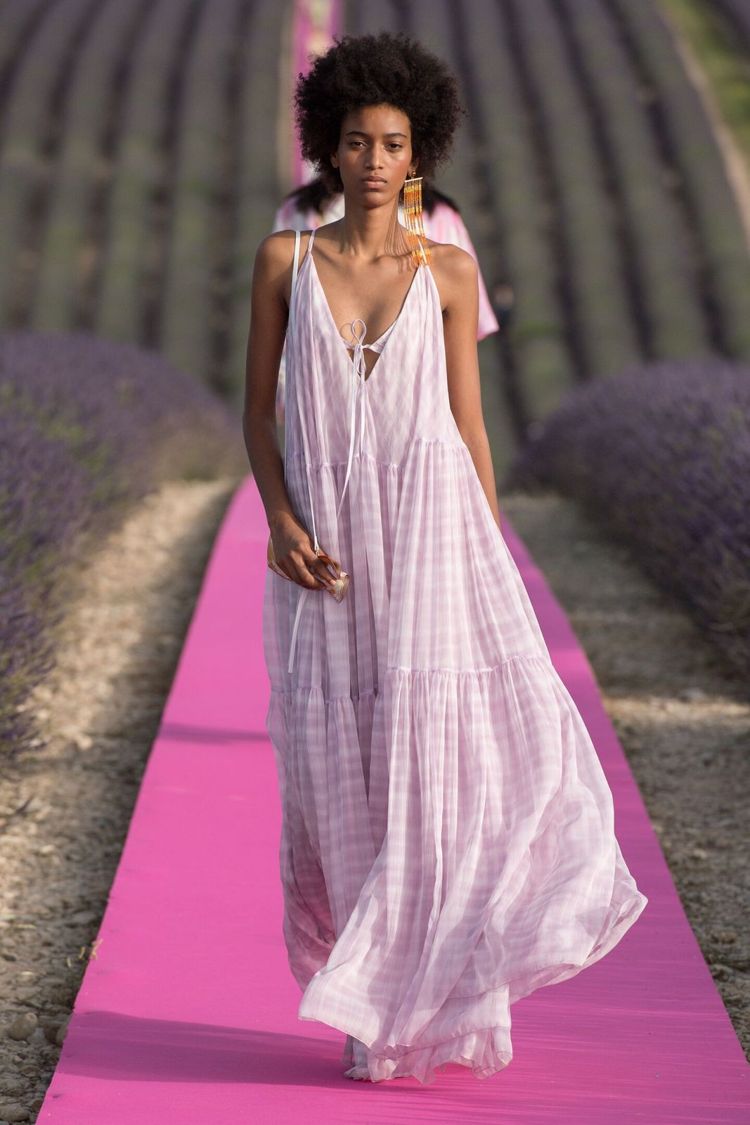 JACQUEMUS - MAXI DRESS CHECKED CHIFFON IN PINK AND WHITE SIZE 34 FR