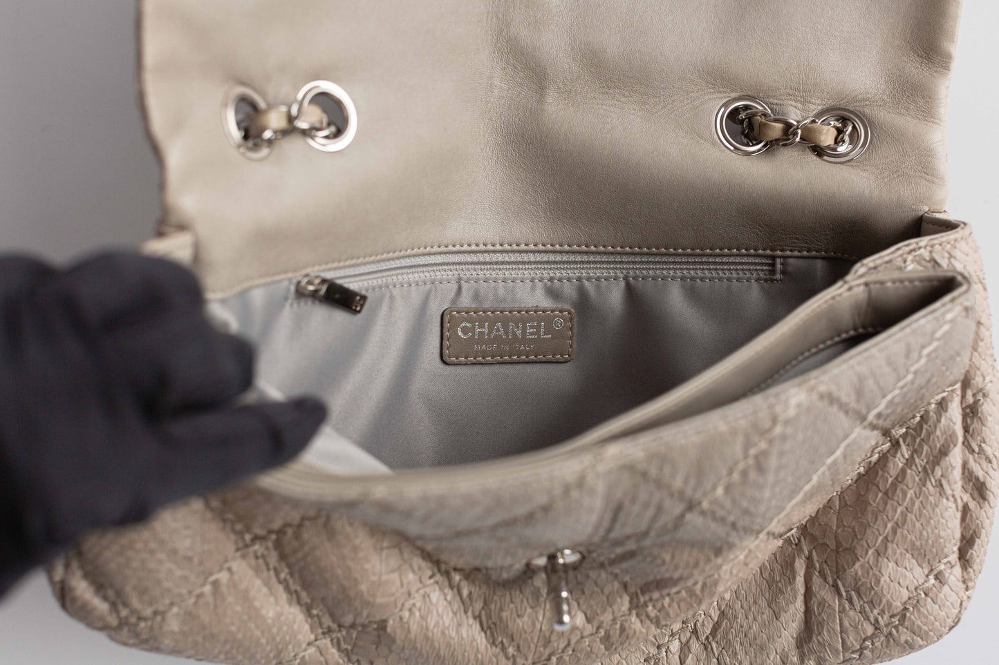 CHANEL - BAG TIMELESS BEIGE PYTHON WITH SILVER HARDWARE