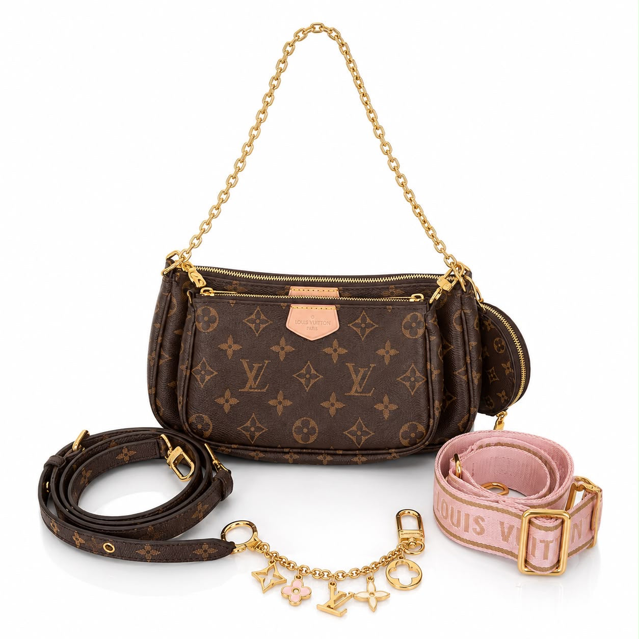 LOUIS VUITTON - BAG MULTI POCHETTE MONOGRAM WITH PINK STRAP & CHARM