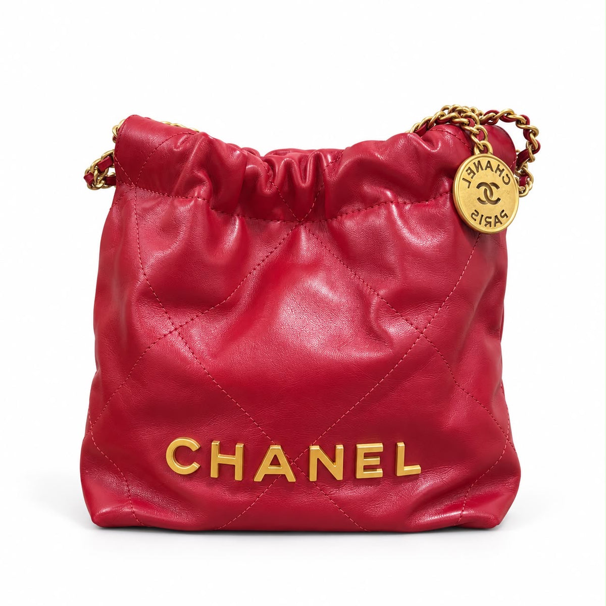 CHANEL - *NEW* BAG 22 MINI HOBO RED QUILTED CALFSKIN WITH GOLD TONE HARDWARE