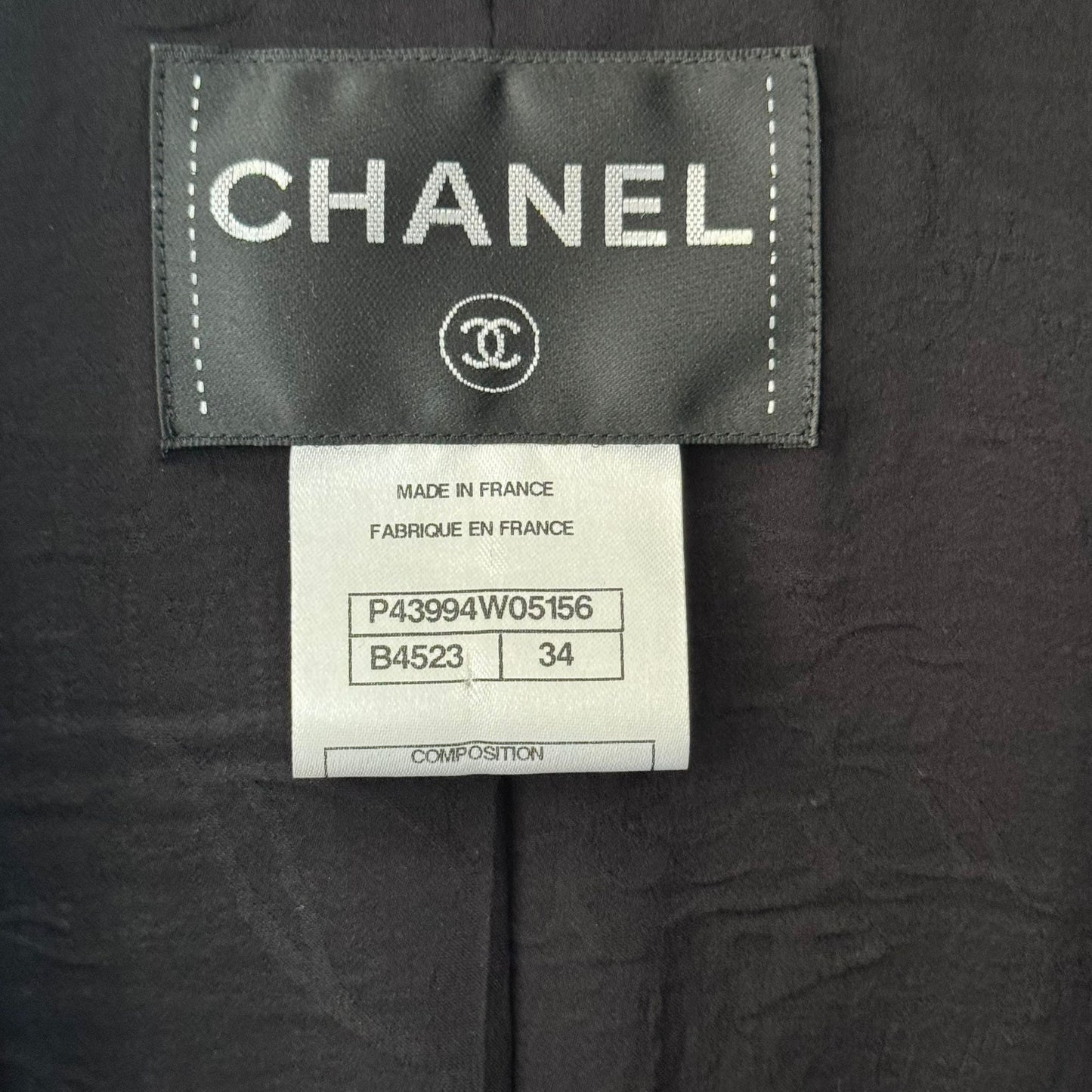 CHANEL - JACKET TWEED SMOKING BLACK WITH SILK COLLAR AND FUCHSIA CUFFS SIZE 34 FR