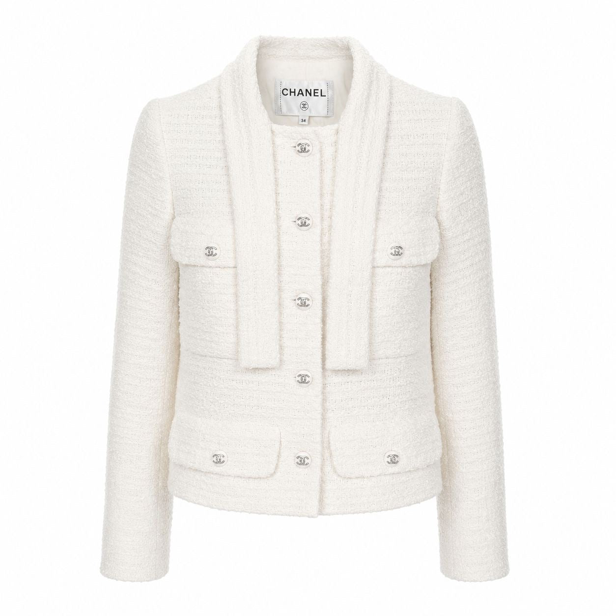 CHANEL - JACKET WHITE TWEED SIZE 34 FR WITH CRYSTAL CC LOGO BUTTONS